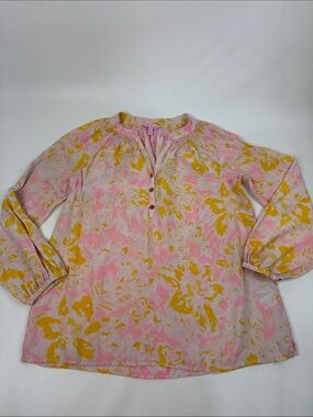 Lilly Pulitzer Silk Pink and Yellow Floral Long-Sleeve Blouse Size Medium Button